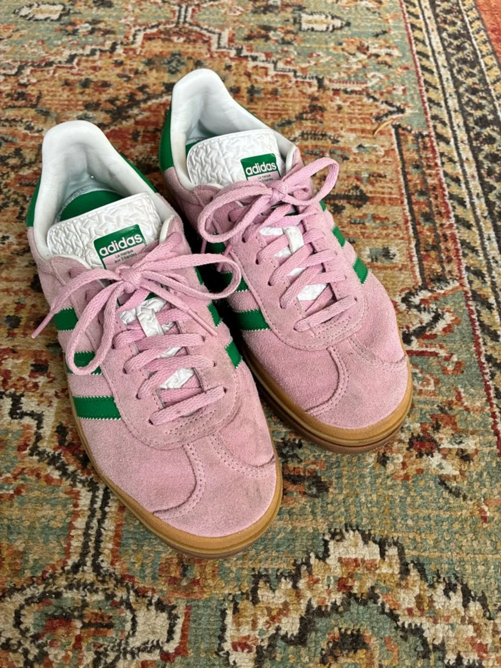 adidas Pink Suede Sneakers with Green Stripes - Picture 2 of 6